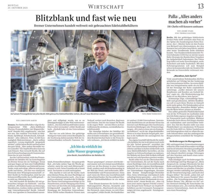 Captura de pantalla de un artículo periodístico del Weser-Kurier sobre Behälter KG y contenedores de acero inoxidable usados