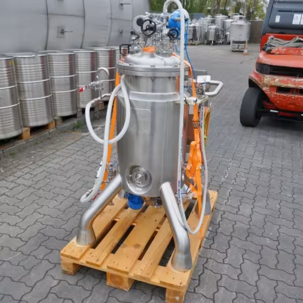 Ungebrauchter 80 Liter mobiler heiz-/kühlbarer Pharma Prozessbehälter aus V4A mit Magnetrührwerk