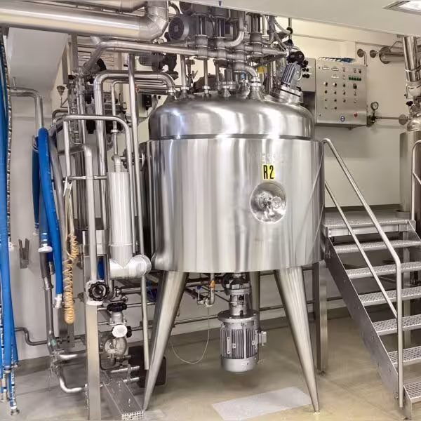 Serbatoio di processo riscaldabile/raffreddabile da 1540 litri in acciaio inox 304 con 2 agitatori e omogeneizzatore