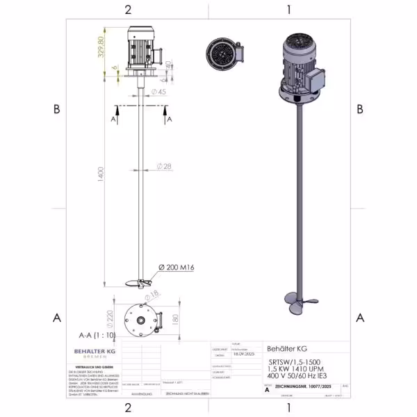 Werksneues 1,5 KW / 1410 Upm Propellerrührwerk