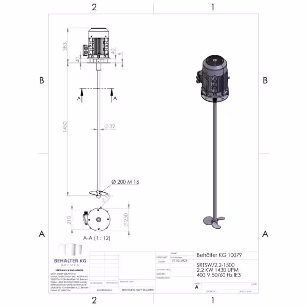 Werksneues 2,2 KW / 1430 Upm Propellerrührwerk-FIT/SL