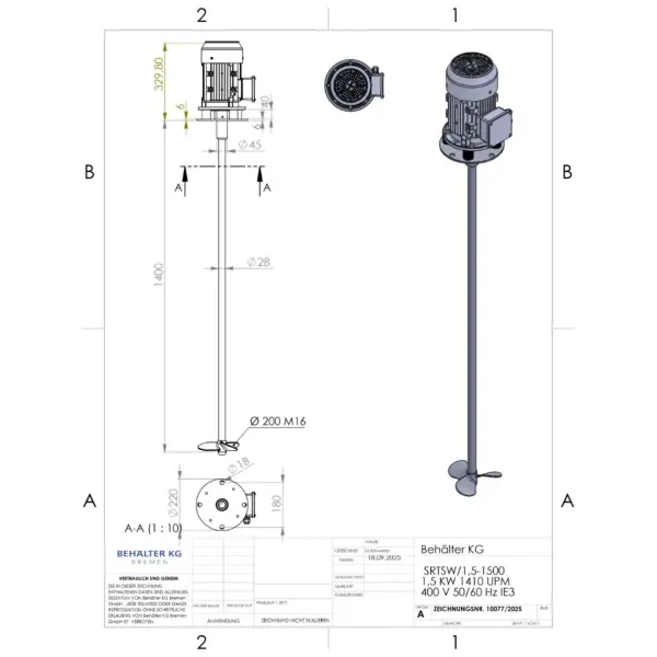 Werksneues 1,5 KW / 1410 Upm Propellerrührwerk
