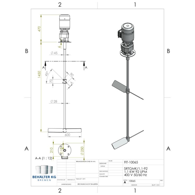 Werksneues 1,1 KW / 92 Upm Balkenrührwerk-FIT/B