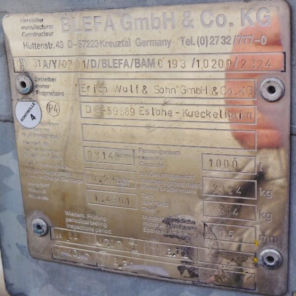 Contenitore IBC da 1000 litri in acciaio inox 304