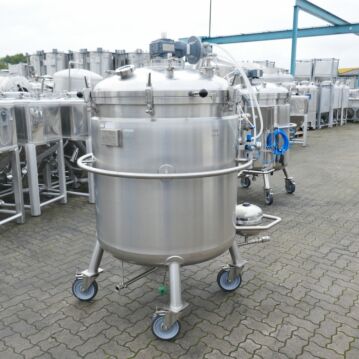 956 Liter fahrbarer, heiz-/kühlbarer Rührwerksbehälter aus V4A mit Becherrührwerk