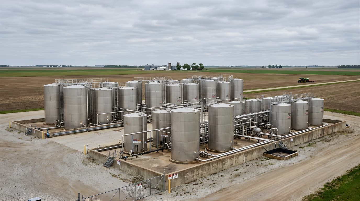 Impianto industriale di stoccaggio per fertilizzanti liquidi AHL e SHL con vasca di raccolta e sistema di tubazioni conforme alle norme di stoccaggio e sicurezza