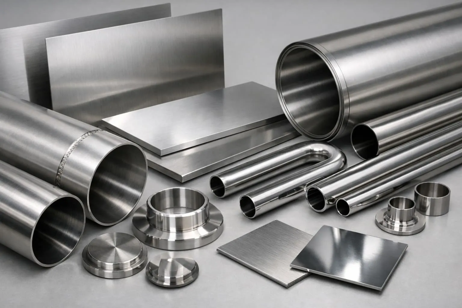 Photorealistic depiction of stainless steel raw materials such as sheets, plates, tubes and precision-machined components with brushed, 2B and electropolished surfaces in a neutral studio environment for industrial process and tank manufacturing