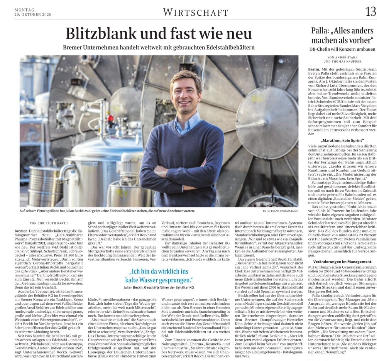 Screenshot of a Weser-Kurier press report about Behälter KG and used stainless steel vessels