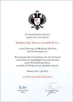 Chamber of Commerce to 50 Years Behaelter KG Bremen