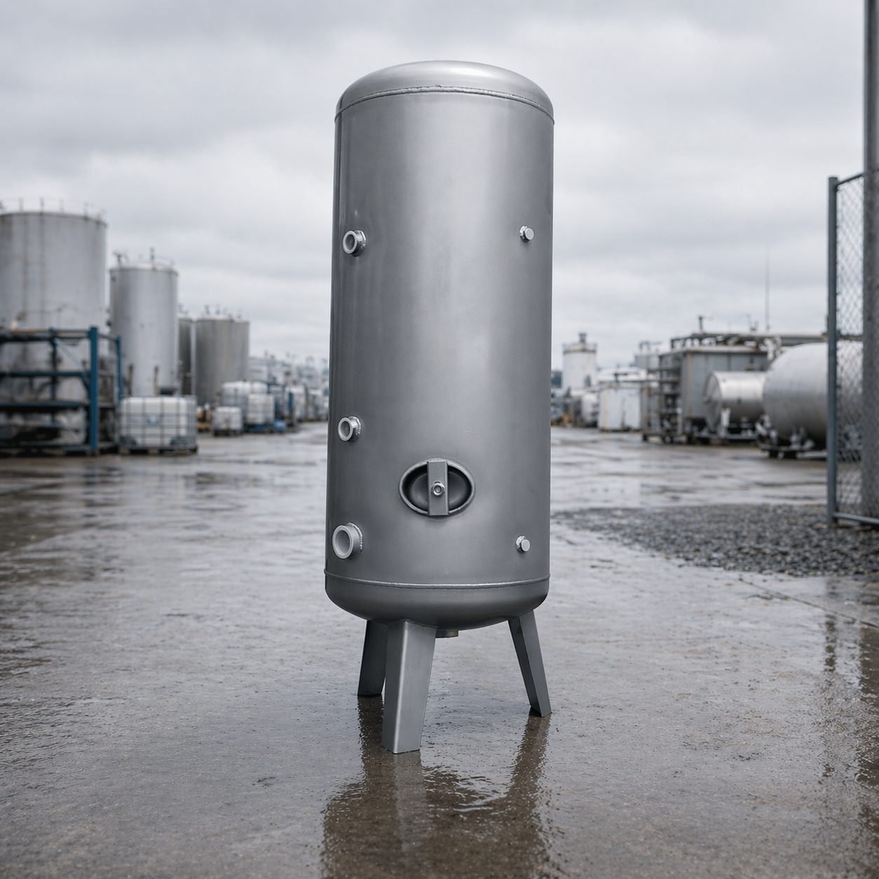 Stehender Druckwasserbehälter aus Edelstahl im Industriegelände, Behälter KG