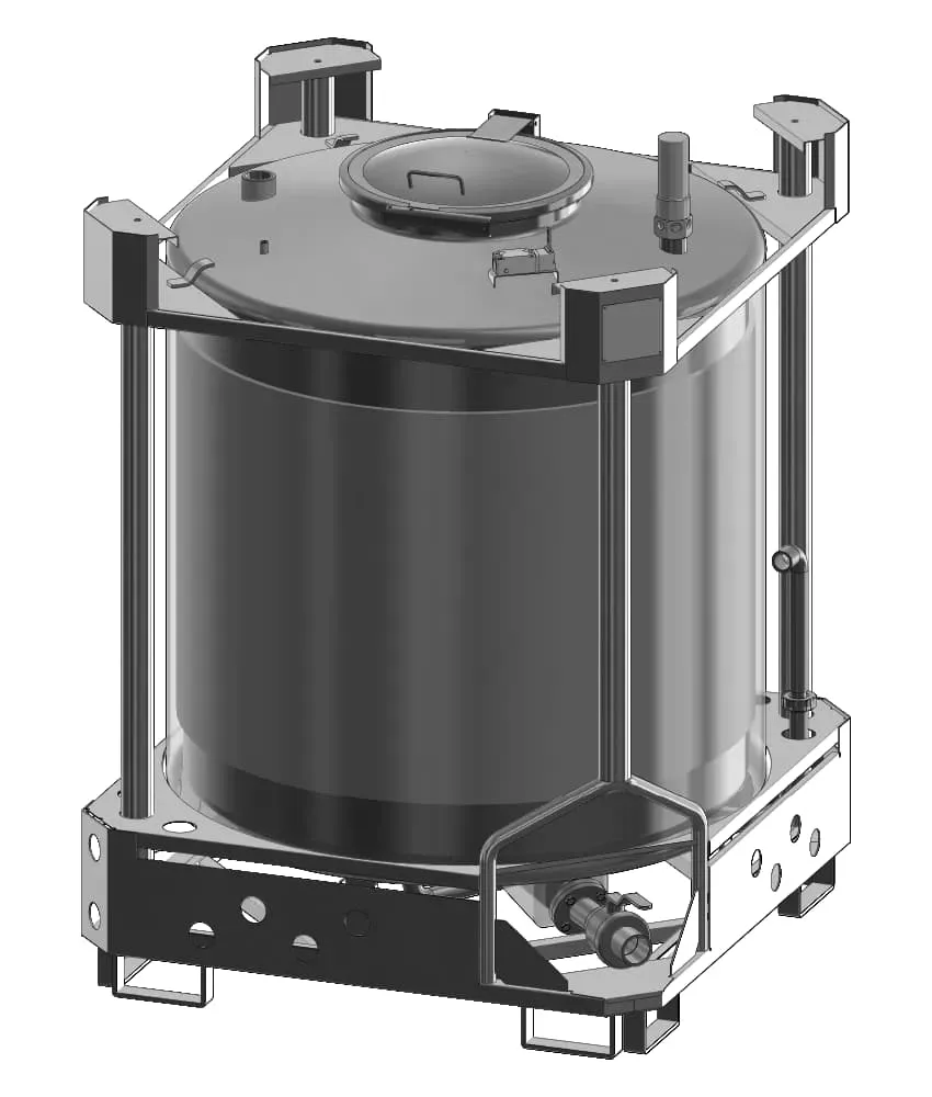 3D Modell eines Edelstahl IBC Prozessbeh&auml;lters mit Transportrahmen und Auslaufarmatur
