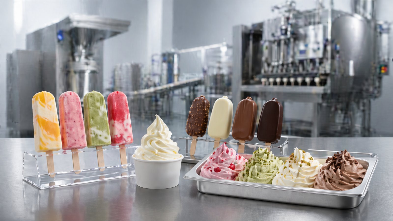 Stick ice cream, soft serve and cup ice cream produced by industrial ice cream machines