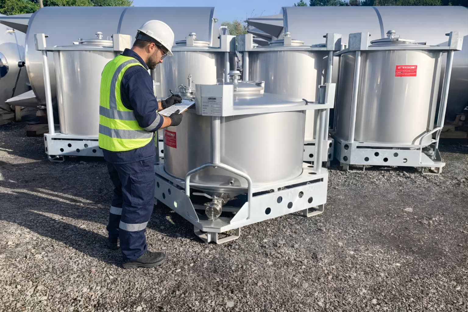 Technician inspecting industrial stainless steel tank installation outdoors